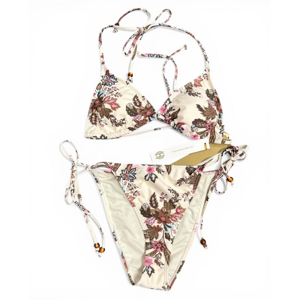 House of Harlow 1960 Bikini Swimsuit 2 Piece Floral String Tie Beaded Size Large